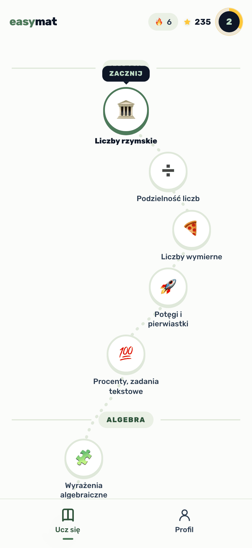 Ścieżka nauki easymat na telefonie: mapa tematów
