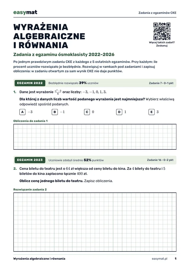 Pierwsza strona karty easymat „Wyrażenia algebraiczne i równania. Zadania z egzaminu ósmoklasisty 2022-2026” z zadaniami z egzaminów 2022 i 2023